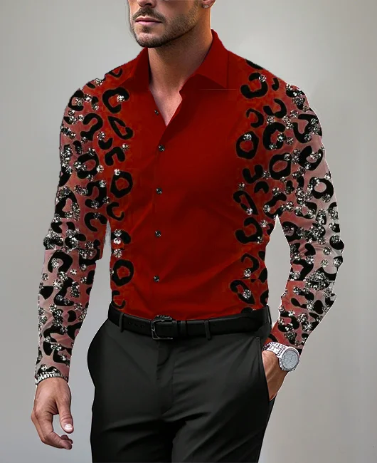 Business Glitter Leopard Print Button Long Sleeve Shirt