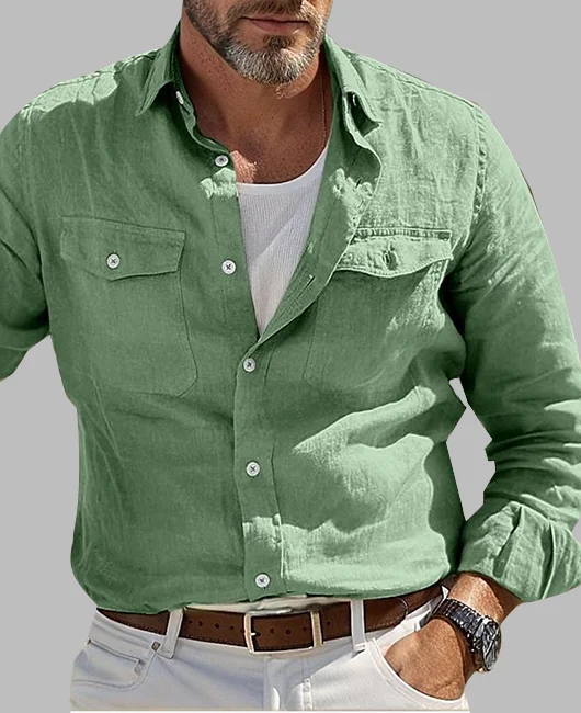 Linen Turndown Collar Button Up Chest Pocket Long Sleeve Shirt