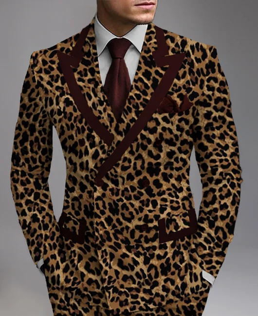 Business Allover Leopard Print Peaked Lapel Double Breasted Blazer