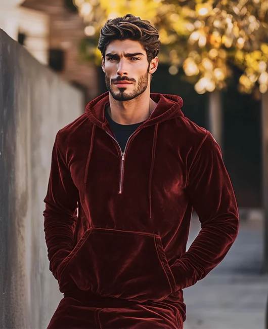 Okaywear Casual Velvet Half Zip Pocket Hoodie