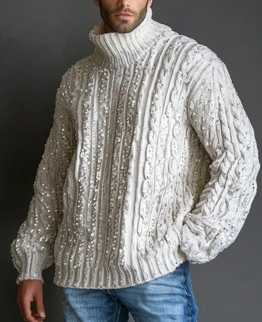 Okaywear Sequin Cable Knit High Neck Long Sleeve Sweater