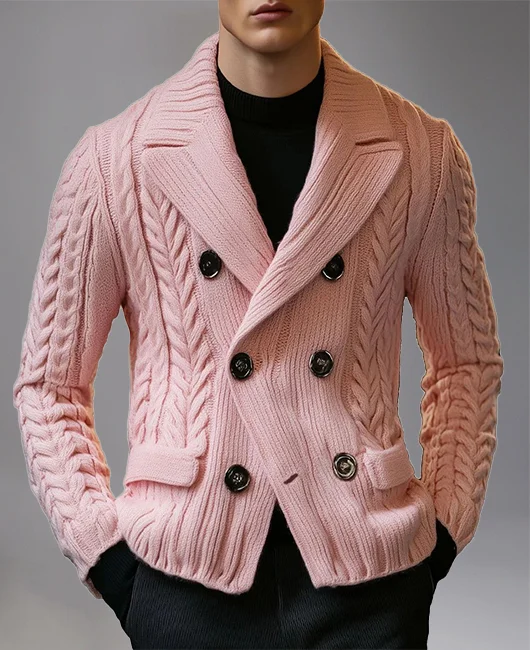 Casual Cable Knit Lapel Collar Double Breasted Long Sleeve Sweater