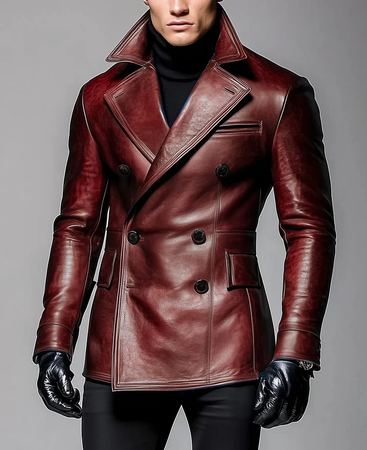 Okaywear Notch Lapel Double Breasted Long Sleeve PU Leather Jacket