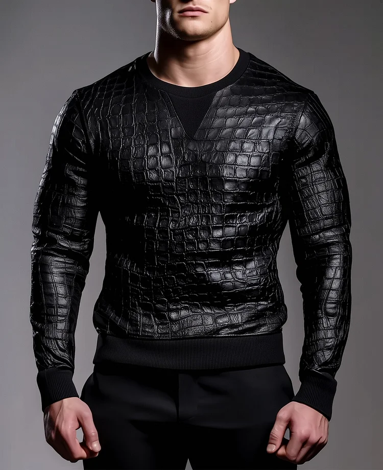 Okaywear PU Leather Alligator Pattern Long Sleeve Sweatshirt