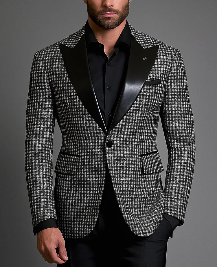 Okaywear Business Peak Lapel Button Houndstooth Pattern Blazer