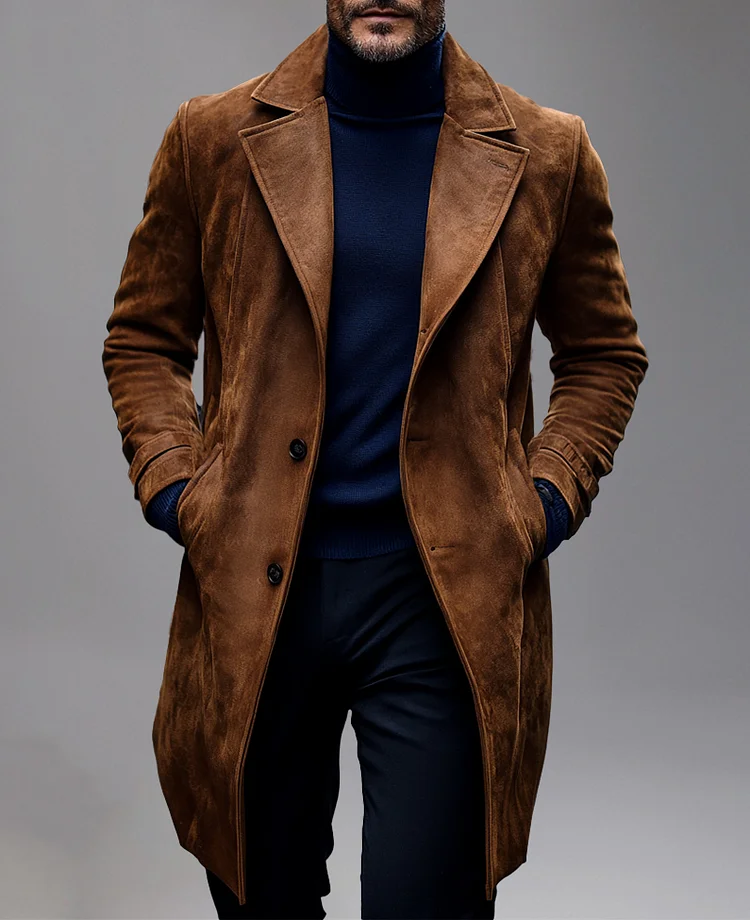 Suede Notch Lapel Two Button Pocket Long Sleeve Overcoat