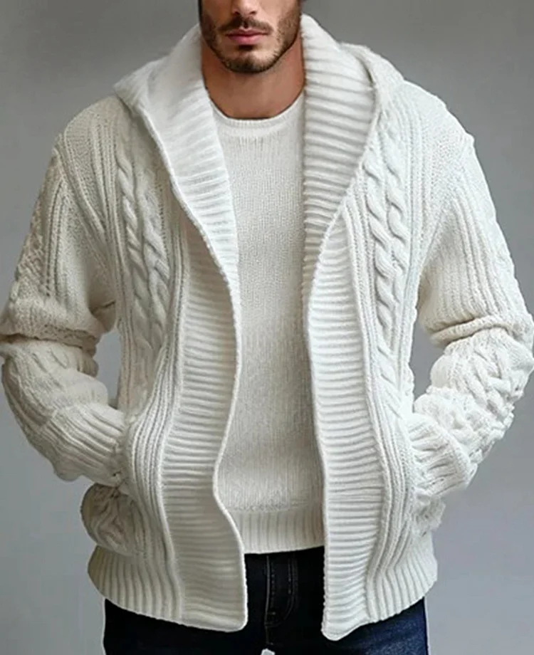 Casual Cable Knit Long Sleeve Slant Pocket Hooded Jacket