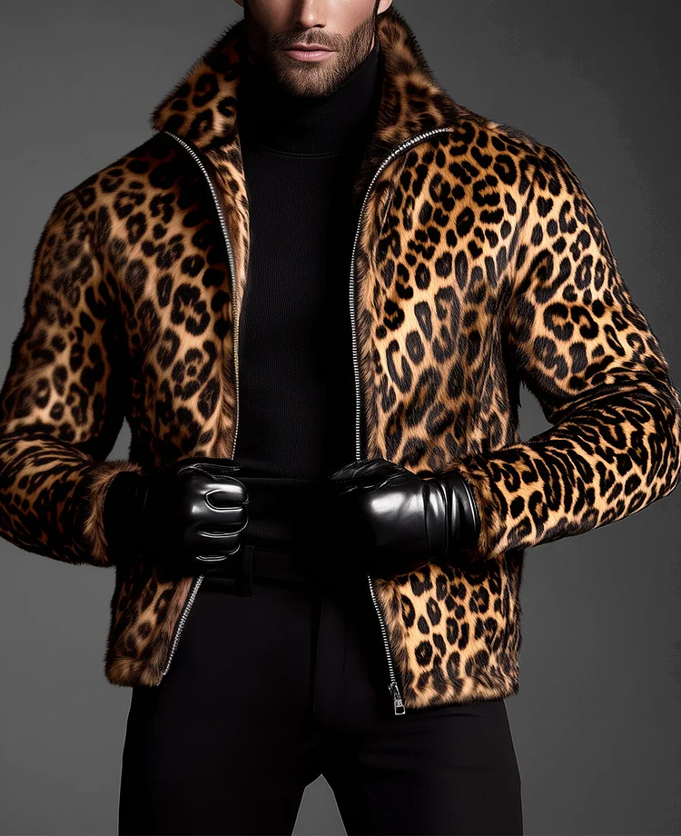 Okaywear Leopard Pattern Slant Pocket Zip Up Fuzzy Jacket