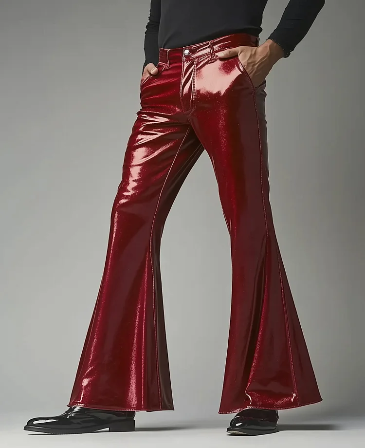 Okaywear Retro PU Leather Slant Pocket Bell Bottom Pants