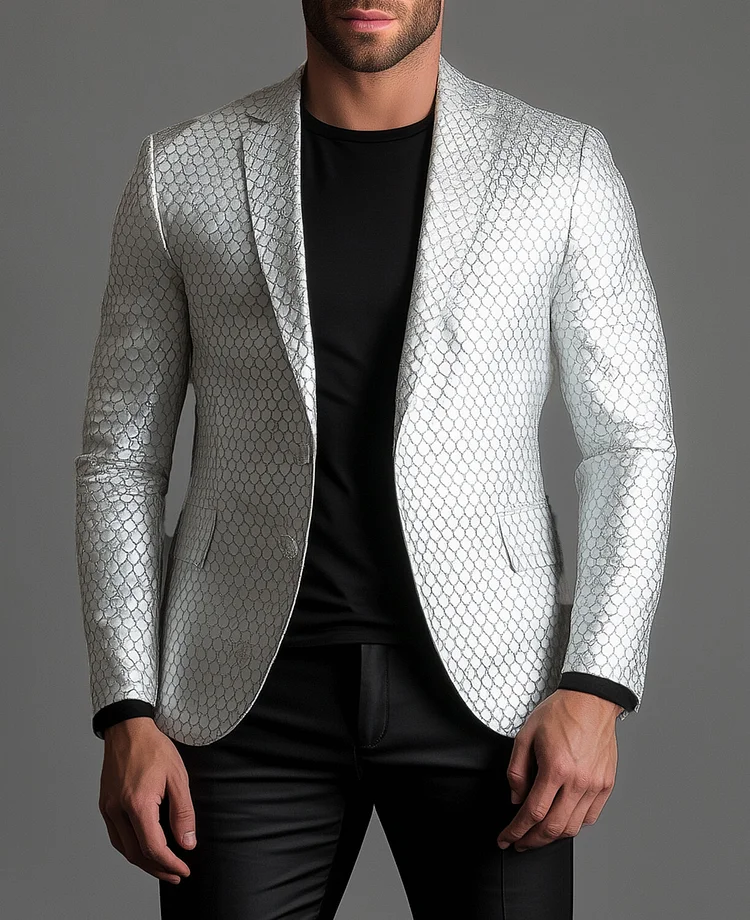 Okaywear PU Leather Fish Scale Pattern Button Notch Lapel Blazer