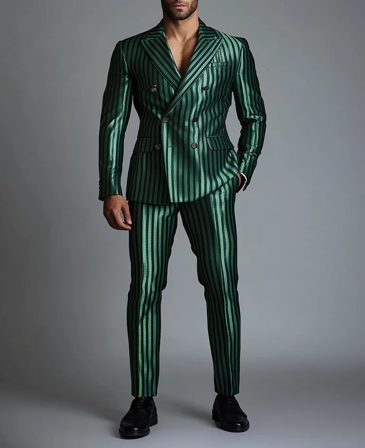 Okaywear Silk Striped Peak Lapel Double-breasted Blazer & Pants 2Pcs Set